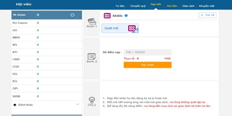 Gửi tiền bằng hình thức Momo tại Thabet88 tiện lợi